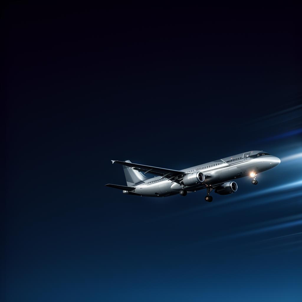 Commercial passenger aircraft taking off into a deep navy sky