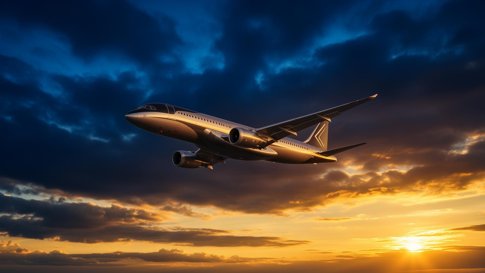 Commercial aircraft soaring through a dramatic sunset sky